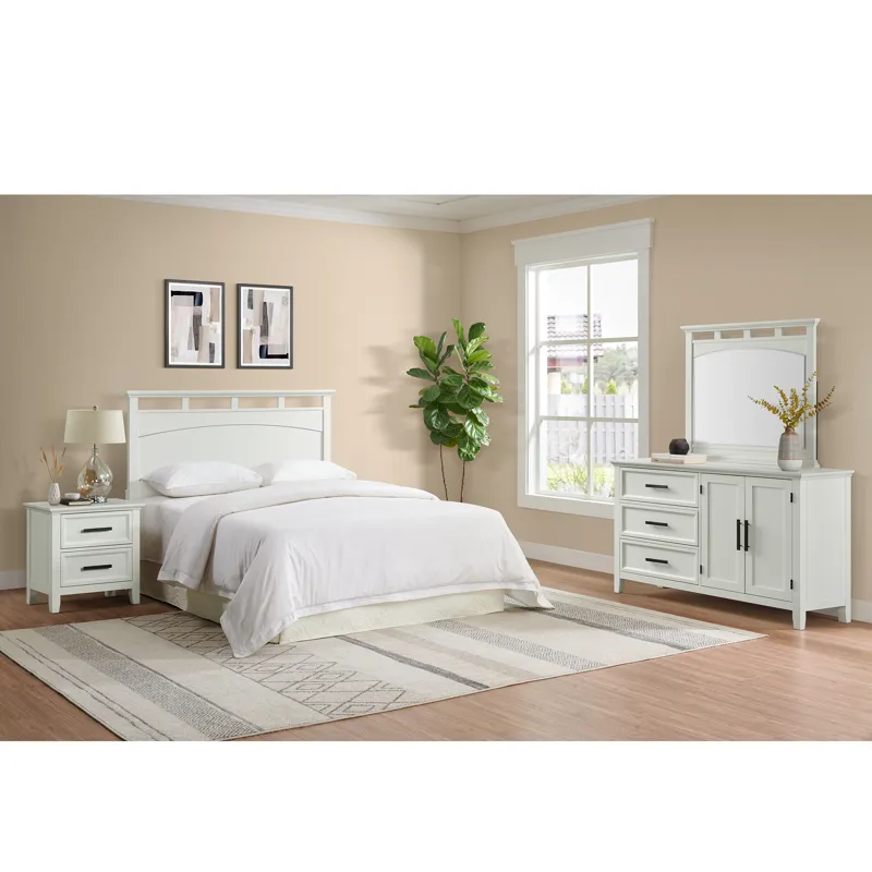 Matias RTA Bedroom Set with Queen/Full Headboard, Dresser, Mirror & Nightstand in Bright White
