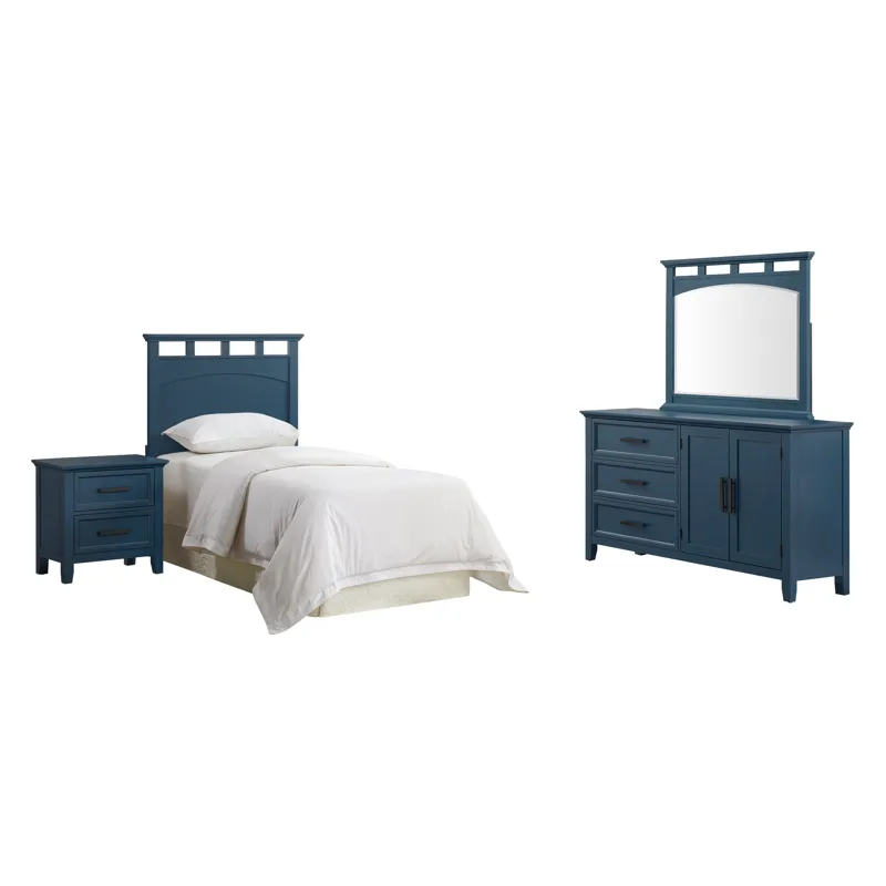 Matias RTA Bedroom Set with Twin Headboard, Dresser, Mirror & Nightstand in Blue