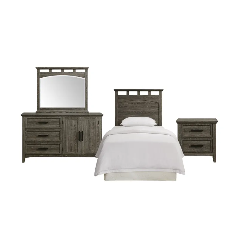Matias Bedroom Set with Twin Headboard, Dresser, Mirror & Nightstand in Mocha Grey
