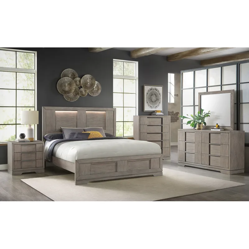 Kelis Grey 4PC Set w/Queen Bed w/ LED Strip & NS