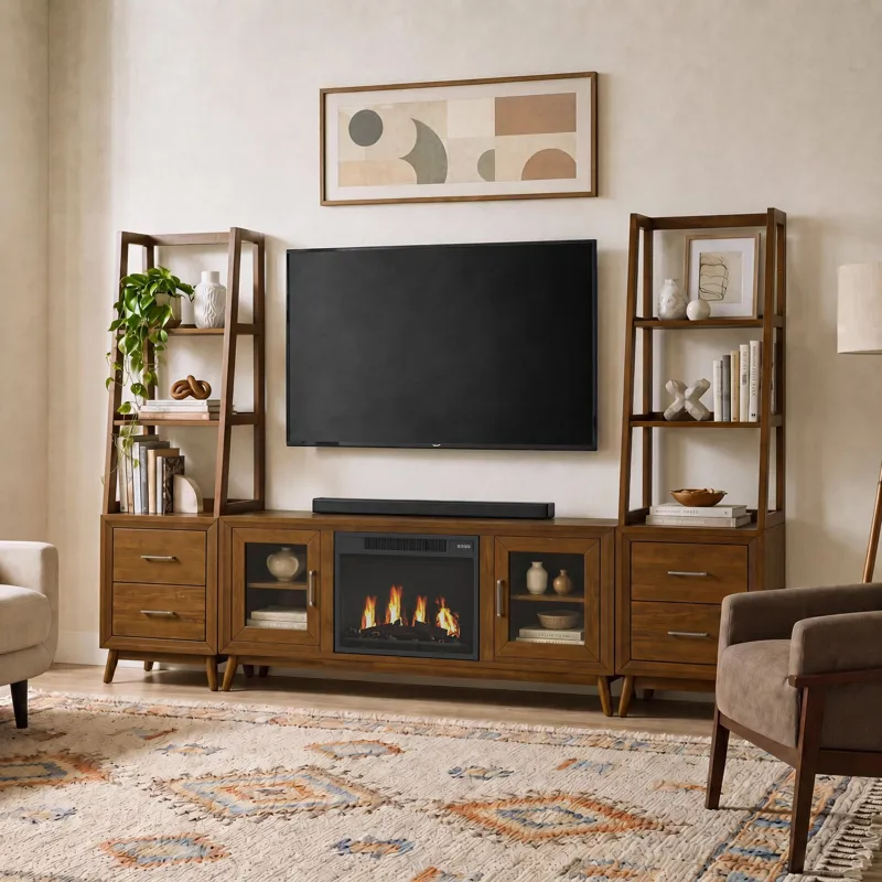 Santa Barbara Walnut 6PC Set w/60" TV Console with Fireplace Insert (Ships in 6 Boxes)