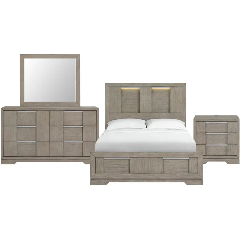 Kelis Grey 4PC Set w/Queen Bed w/ LED Strip & NS
