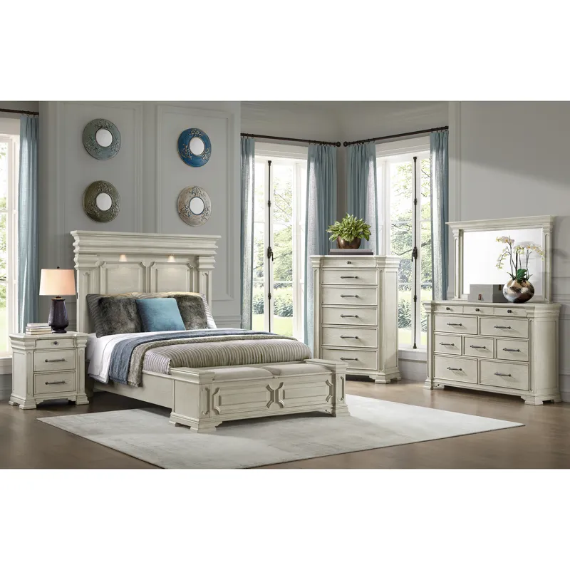 Kings Court White 4PC Set w/Queen Storage Bed and NS