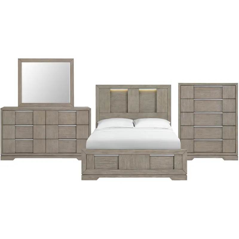 Kelis Grey 4PC Set w/Queen Bed w/ LED Strip & CH