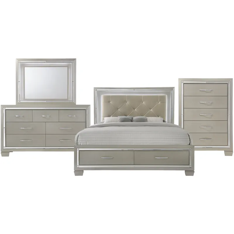 Platinum Champagne 4PC Set w/Queen Storage Bed & CH