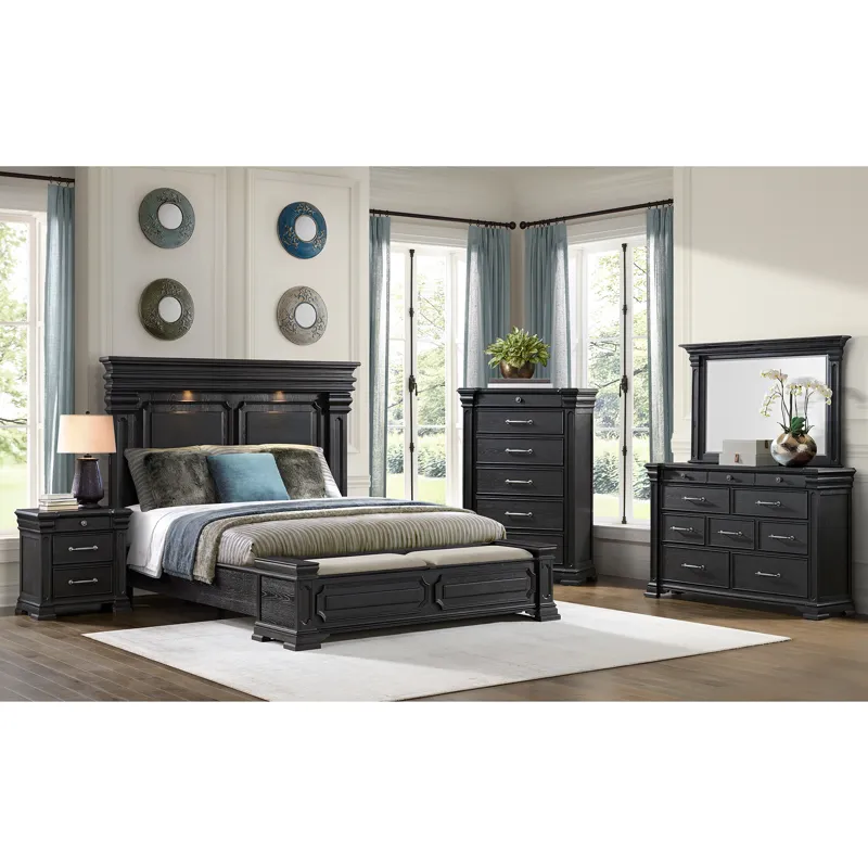 Kings Court Black 4PC Set w/Queen Storage Bed and NS