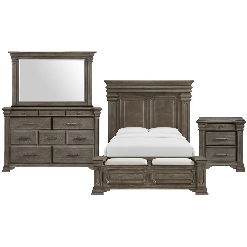 Kings Court Grey 4PC Set w/Queen Storage Bed and NS