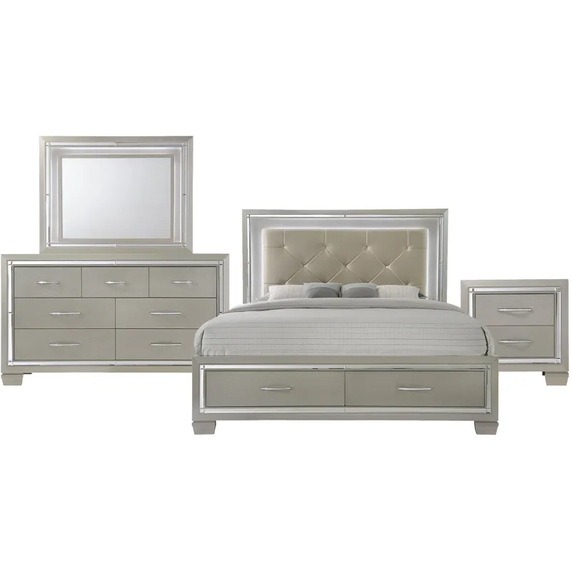 Platinum Champagne 4PC Set w/Queen Storage Bed & NS