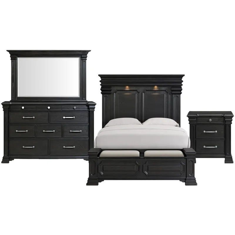Kings Court Black 4PC Set w/Queen Storage Bed and NS