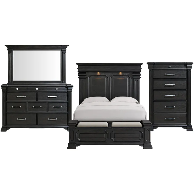 Kings Court Black 4PC Set w/Queen Storage Bed and CH