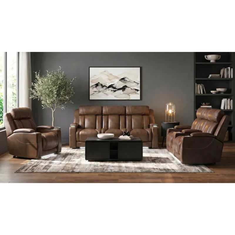 Phantom P3 Loveseat with 7 color LED, wireless charger pocket and Console in Leather Gel Umber