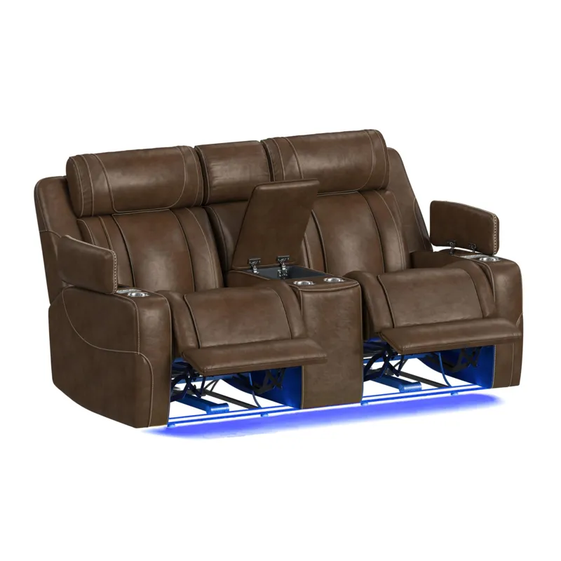 Phantom P3 Loveseat with 7 color LED, wireless charger pocket and Console in Leather Gel Umber