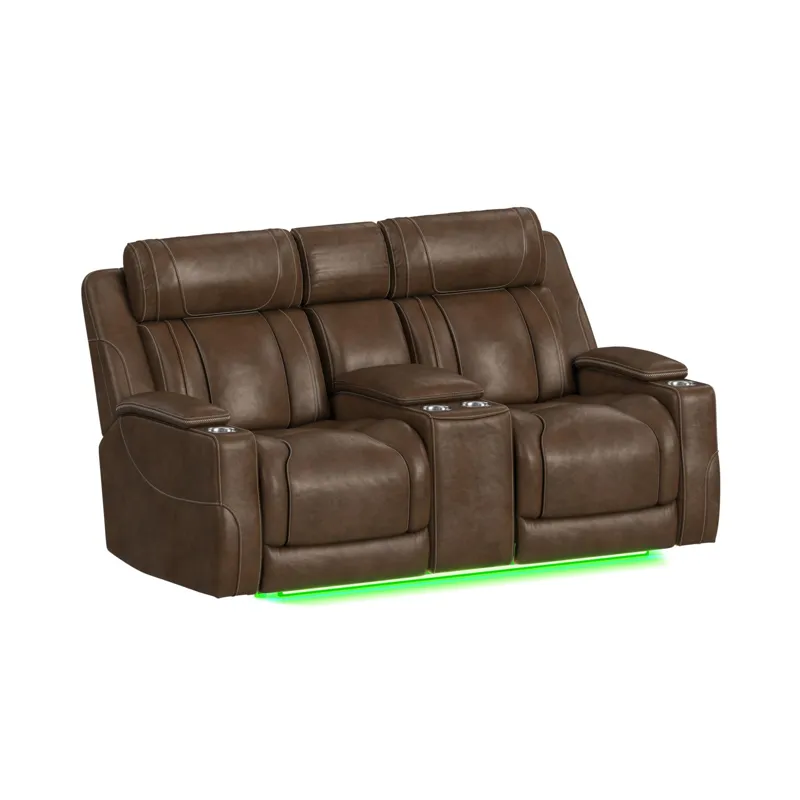 Phantom P3 Loveseat with 7 color LED, wireless charger pocket and Console in Leather Gel Umber