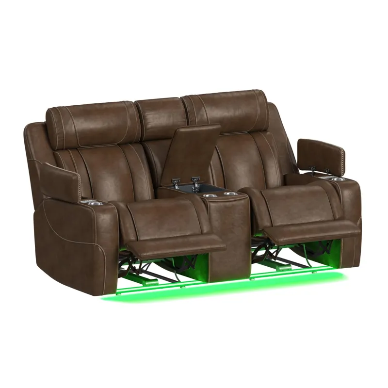 Phantom P3 Loveseat with 7 color LED, wireless charger pocket and Console in Leather Gel Umber