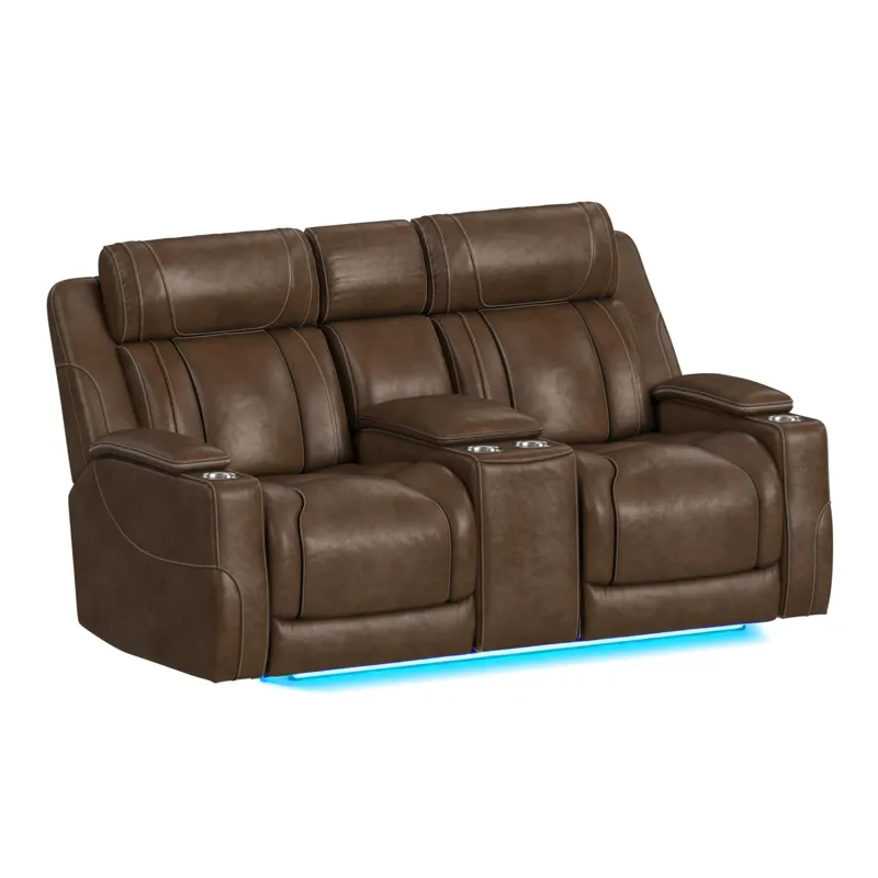 Phantom P3 Loveseat with 7 color LED, wireless charger pocket and Console in Leather Gel Umber