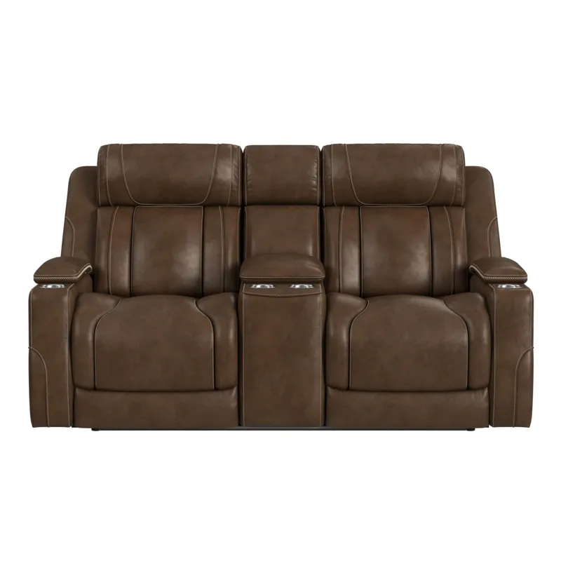Phantom P3 Loveseat with 7 color LED, wireless charger pocket and Console in Leather Gel Umber