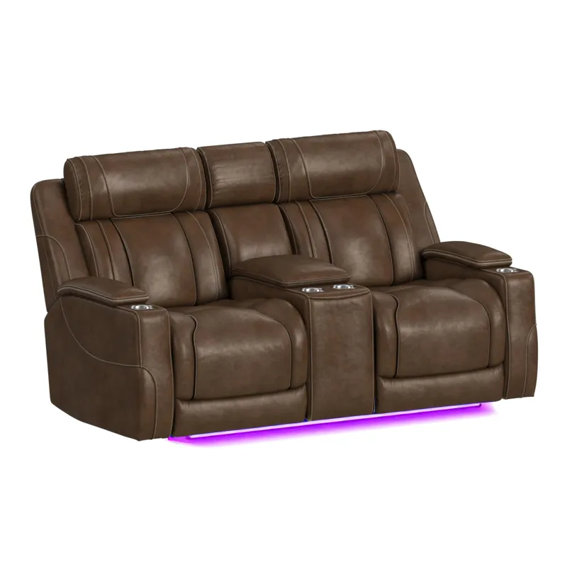 Phantom P3 Loveseat with 7 color LED, wireless charger pocket and Console in Leather Gel Umber