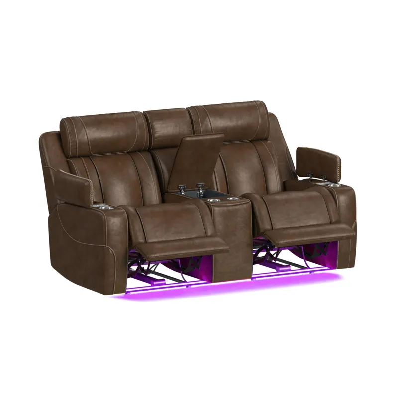 Phantom P3 Loveseat with 7 color LED, wireless charger pocket and Console in Leather Gel Umber