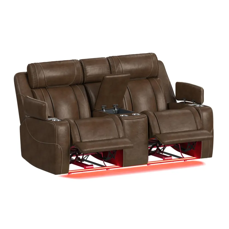 Phantom P3 Loveseat with 7 color LED, wireless charger pocket and Console in Leather Gel Umber
