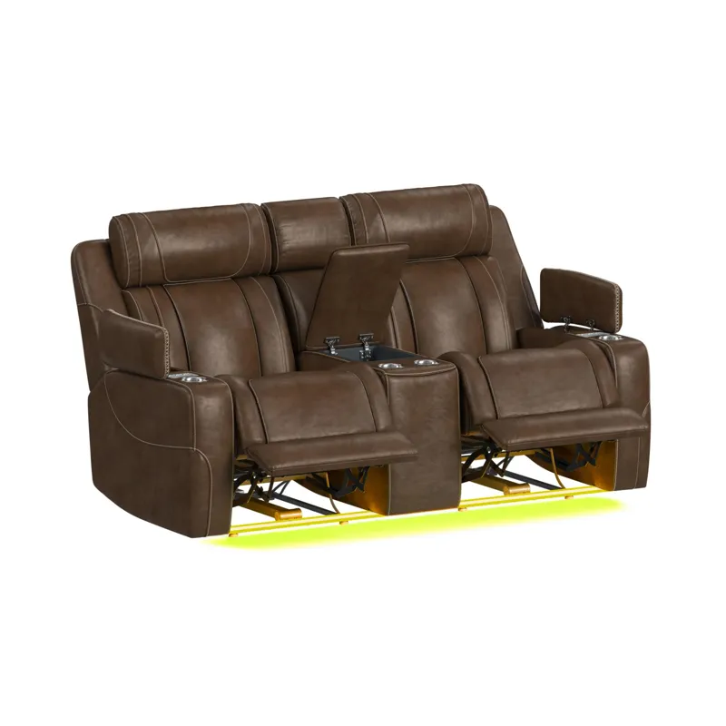 Phantom P3 Loveseat with 7 color LED, wireless charger pocket and Console in Leather Gel Umber