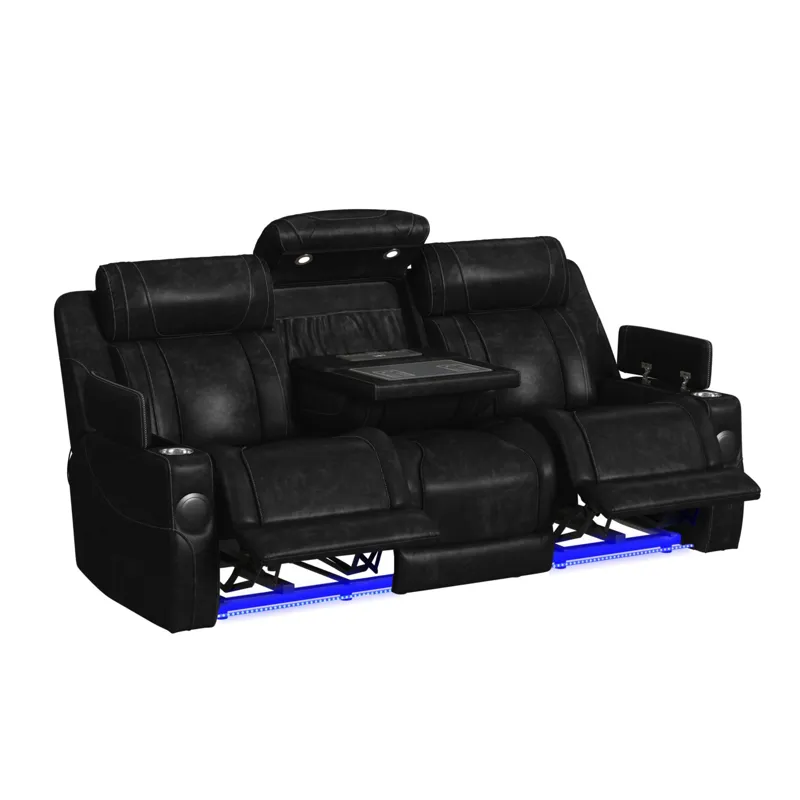 Phantom P3 Sofa with I Table, reading light, heat, massage, LED and speaker in Leather Gel Black