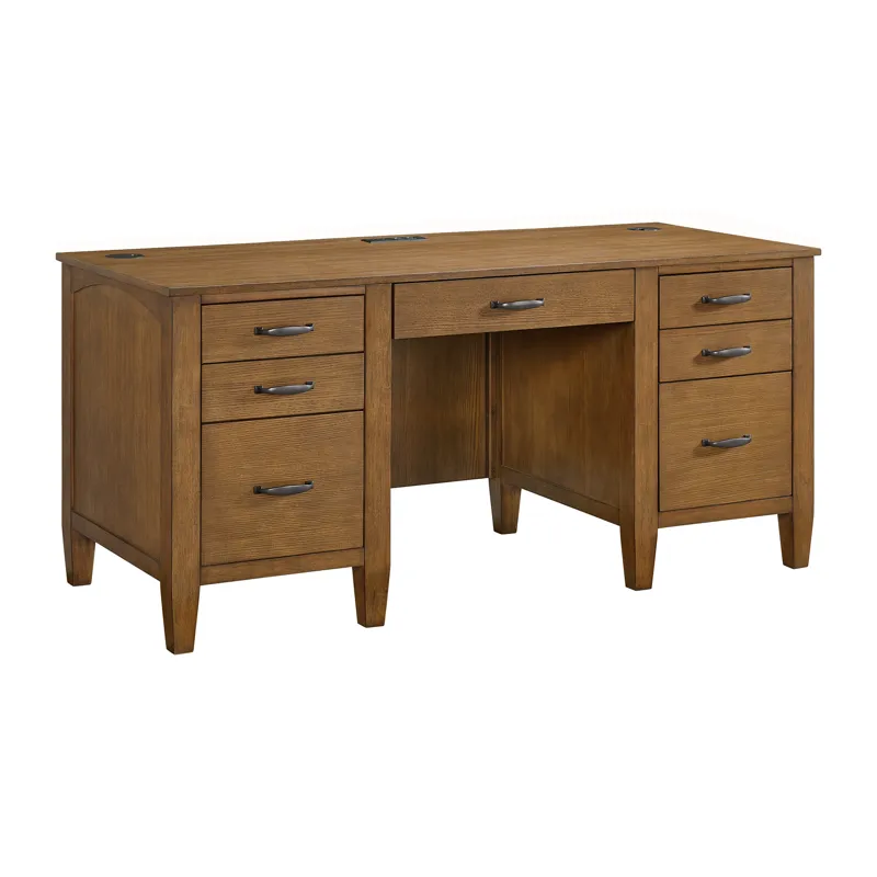 Portico Double Pedestal Desk with Power/USB in Brown Oak