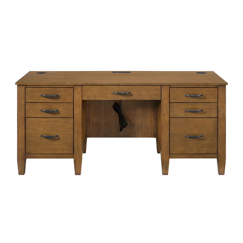 Portico Double Pedestal Desk with Power/USB in Brown Oak