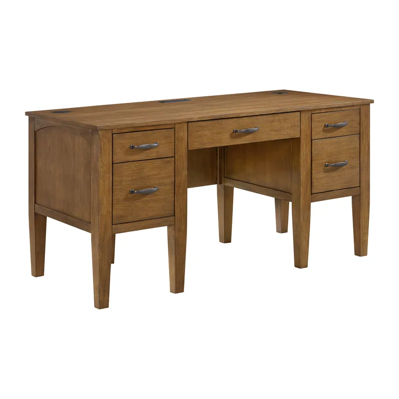Portico Half Pedestal Desk with Power/USB in Brown Oak