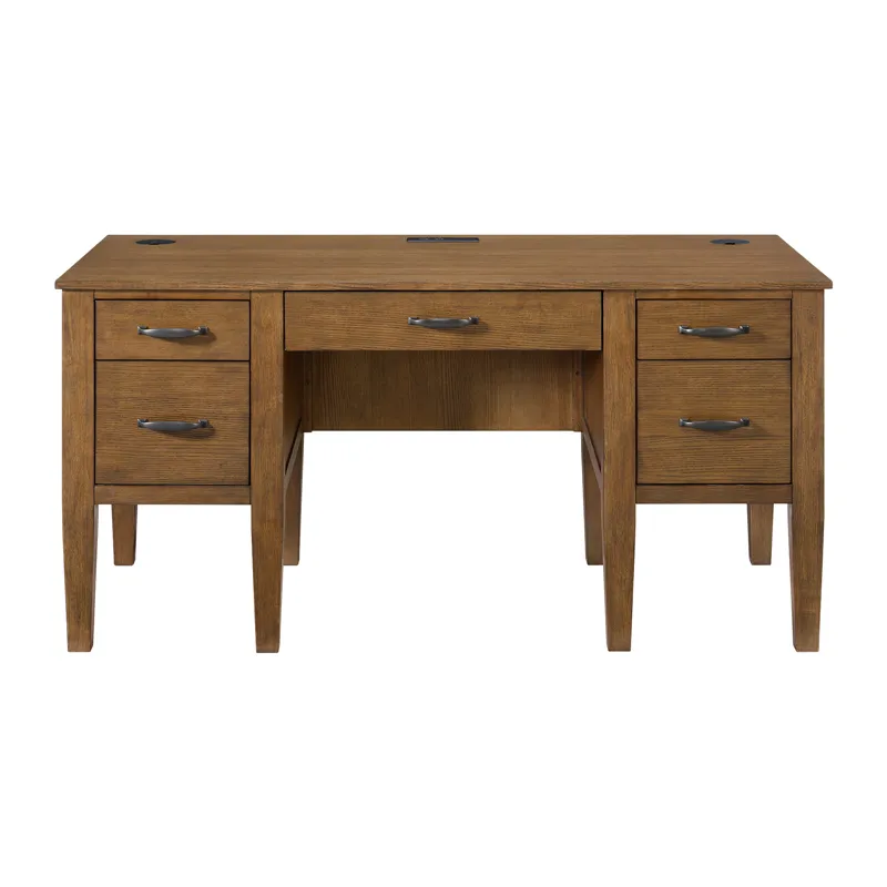 Portico Half Pedestal Desk with Power/USB in Brown Oak