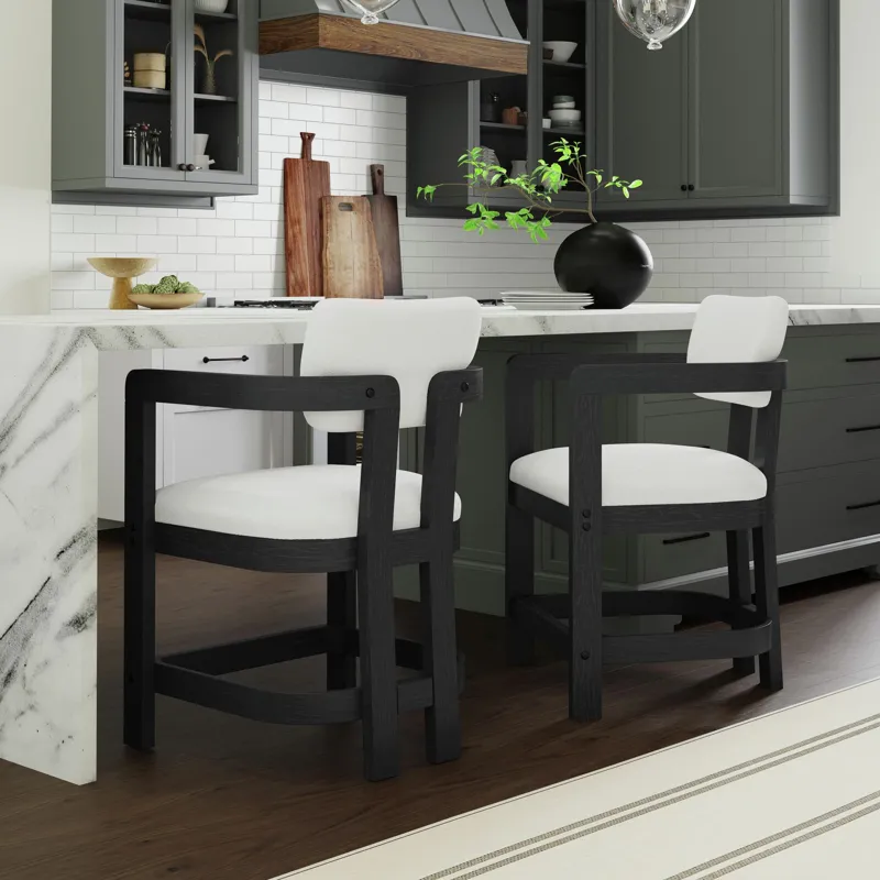 Portland Arm Counter Stool with White Fabric in Black