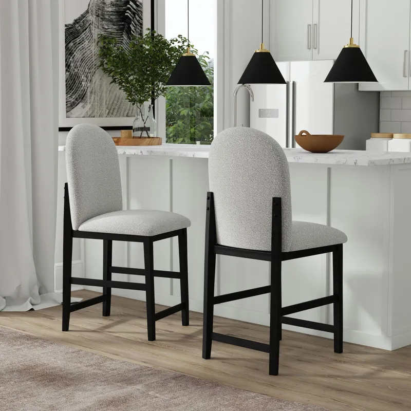 Portland Round Back Barstool with Grey Fabric in Black