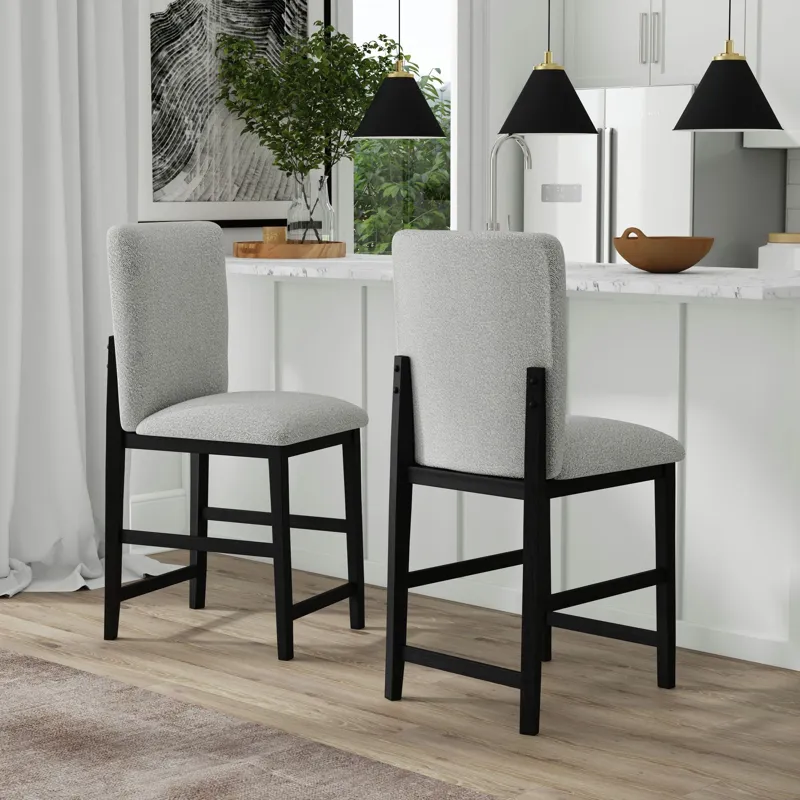 Portland Square Back Barstool with Grey Fabric in Black