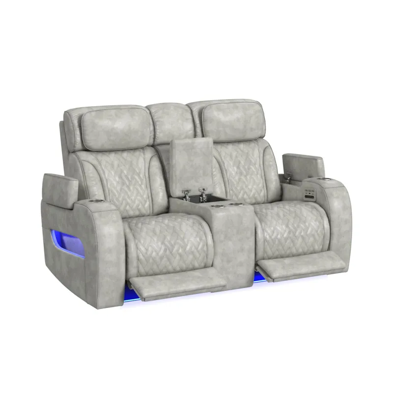 Prime Time P3 Loveseat with Console, 7 Colors LED, Cup Holders and Wireless Charger Controller in Leather Gel Light Grey