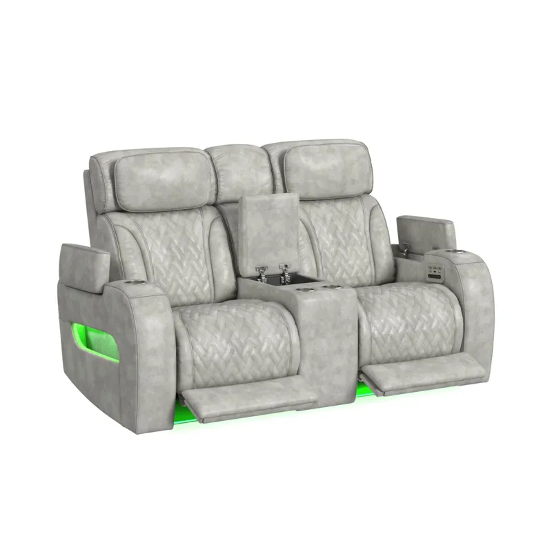 Prime Time P3 Loveseat with Console, 7 Colors LED, Cup Holders and Wireless Charger Controller in Leather Gel Light Grey