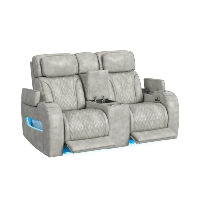 Prime Time P3 Loveseat with Console, 7 Colors LED, Cup Holders and Wireless Charger Controller in Leather Gel Light Grey