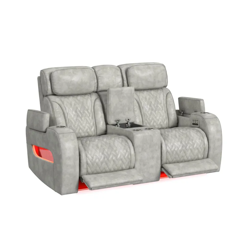 Prime Time P3 Loveseat with Console, 7 Colors LED, Cup Holders and Wireless Charger Controller in Leather Gel Light Grey