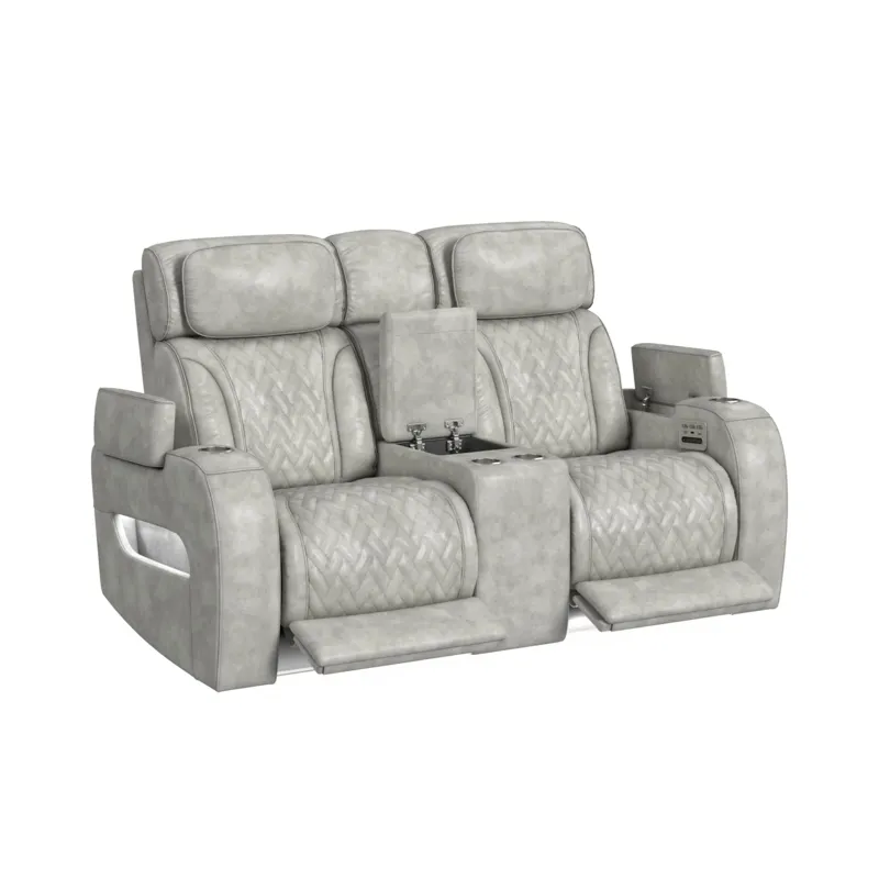 Prime Time P3 Loveseat with Console, 7 Colors LED, Cup Holders and Wireless Charger Controller in Leather Gel Light Grey