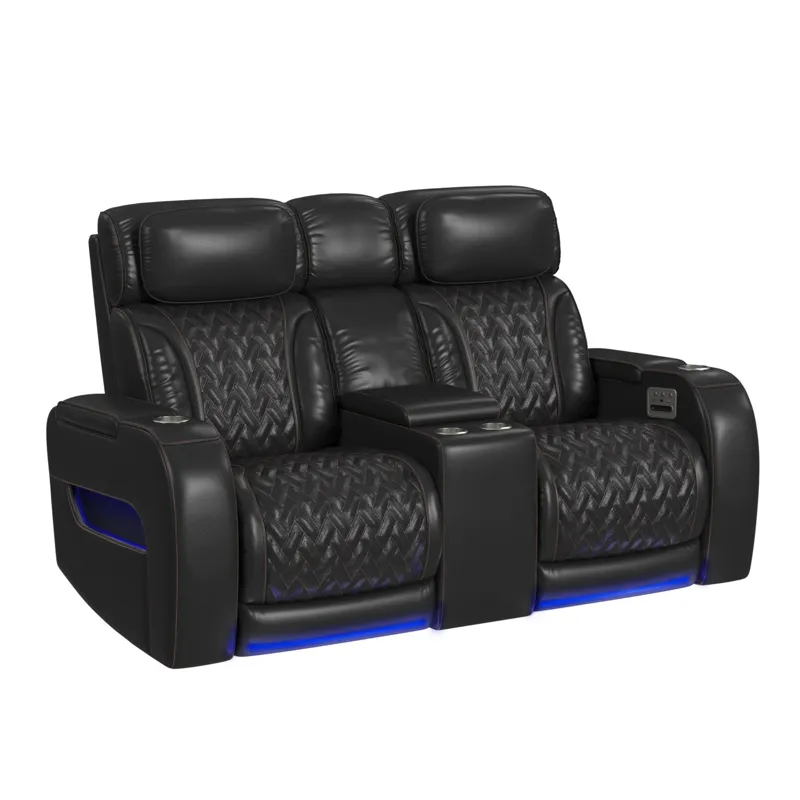 Prime Time P3 Loveseat with LED, wireless charger pocket, and Console in Jett Black with Red Stitchi