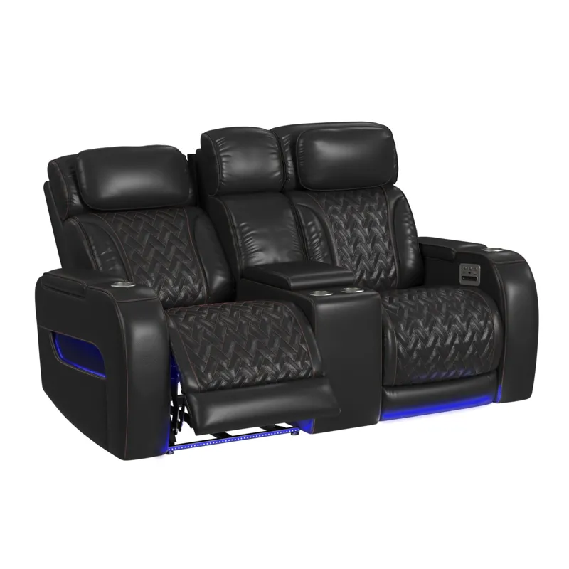 Prime Time P3 Loveseat with LED, wireless charger pocket, and Console in Jett Black with Red Stitchi