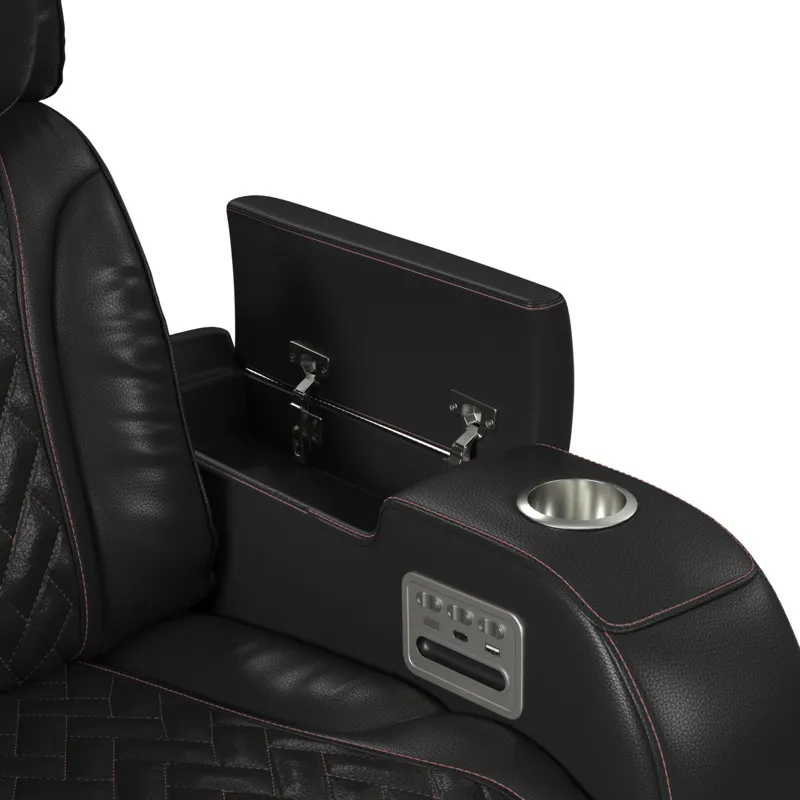 Prime Time P3 Loveseat with LED, wireless charger pocket, and Console in Jett Black with Red Stitchi