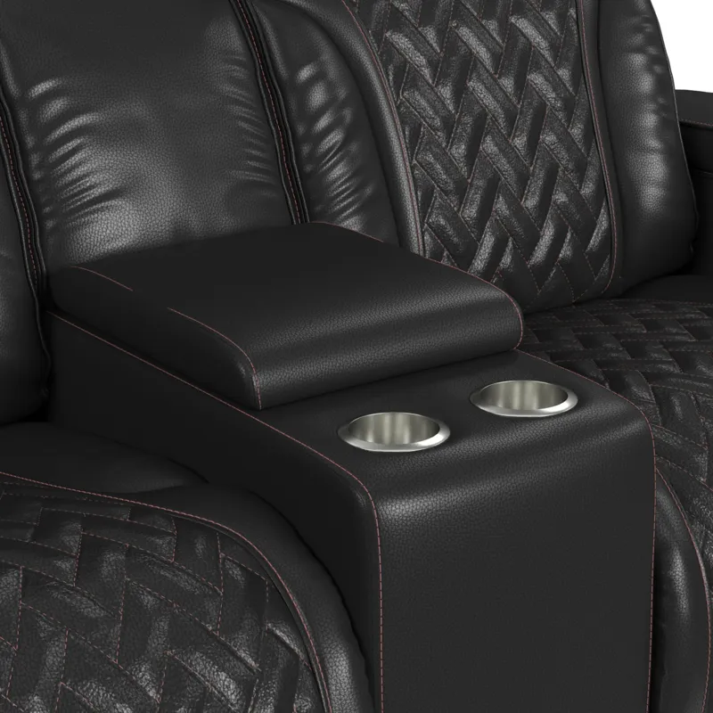 Prime Time P3 Loveseat with LED, wireless charger pocket, and Console in Jett Black with Red Stitchi