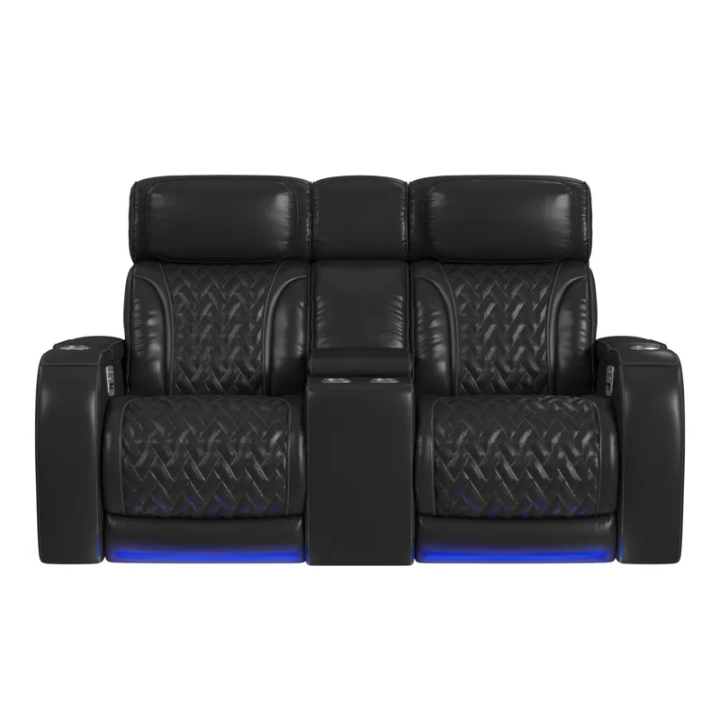 Prime Time P3 Loveseat with LED, wireless charger pocket, and Console in Jett Black with Red Stitchi