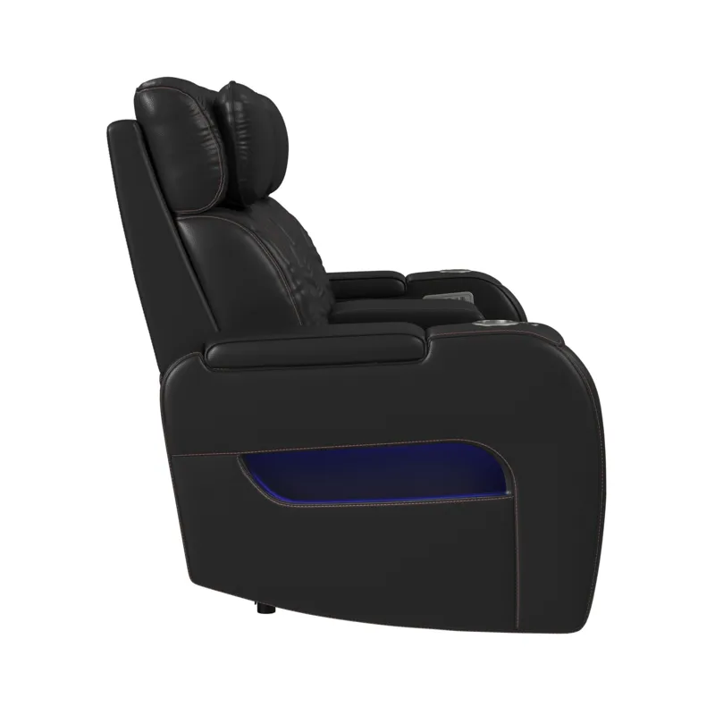 Prime Time P3 Loveseat with LED, wireless charger pocket, and Console in Jett Black with Red Stitchi