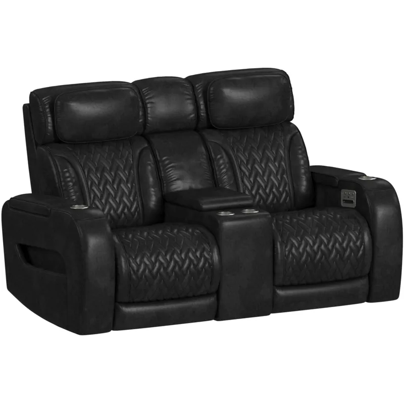 Prime Time P3 Loveseat with Console, 7 Colors LED, Cup Holders and Wireless Charger Controller in Leather Gel Black
