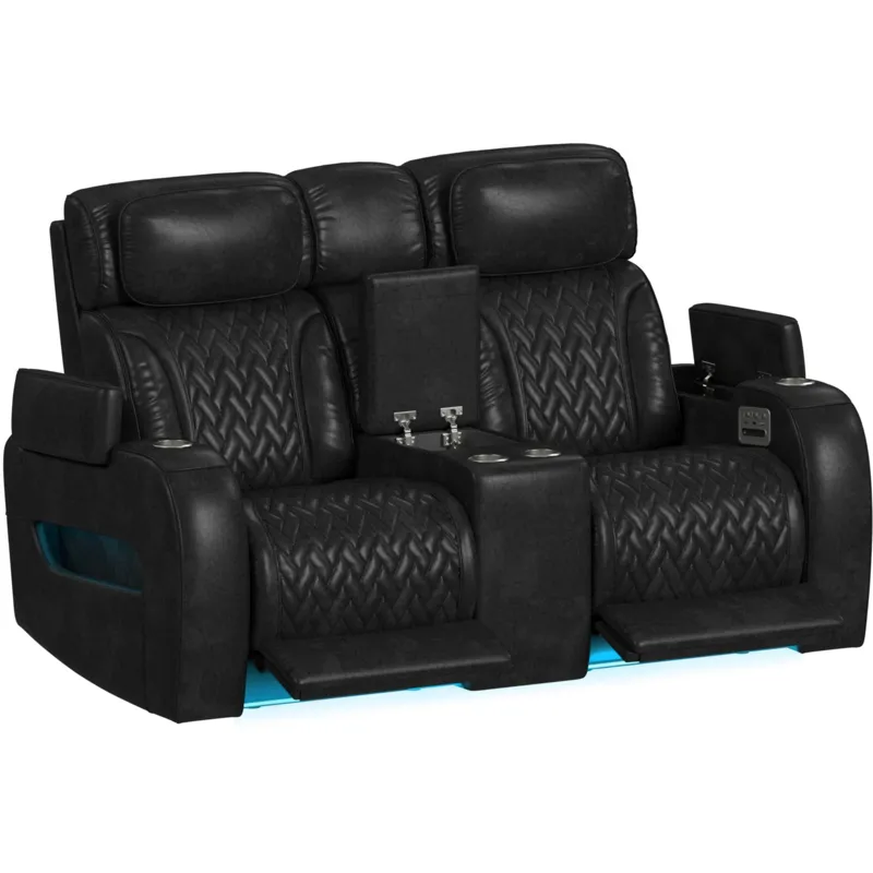 Prime Time P3 Loveseat with Console, 7 Colors LED, Cup Holders and Wireless Charger Controller in Leather Gel Black