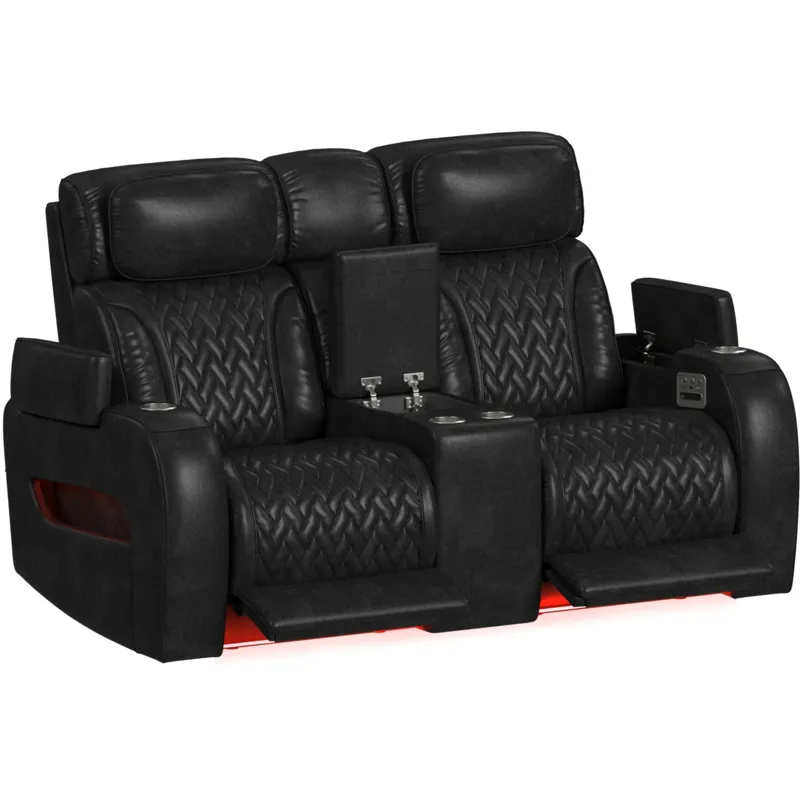Prime Time P3 Loveseat with Console, 7 Colors LED, Cup Holders and Wireless Charger Controller in Leather Gel Black