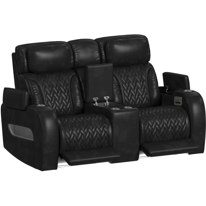 Prime Time P3 Loveseat with Console, 7 Colors LED, Cup Holders and Wireless Charger Controller in Leather Gel Black