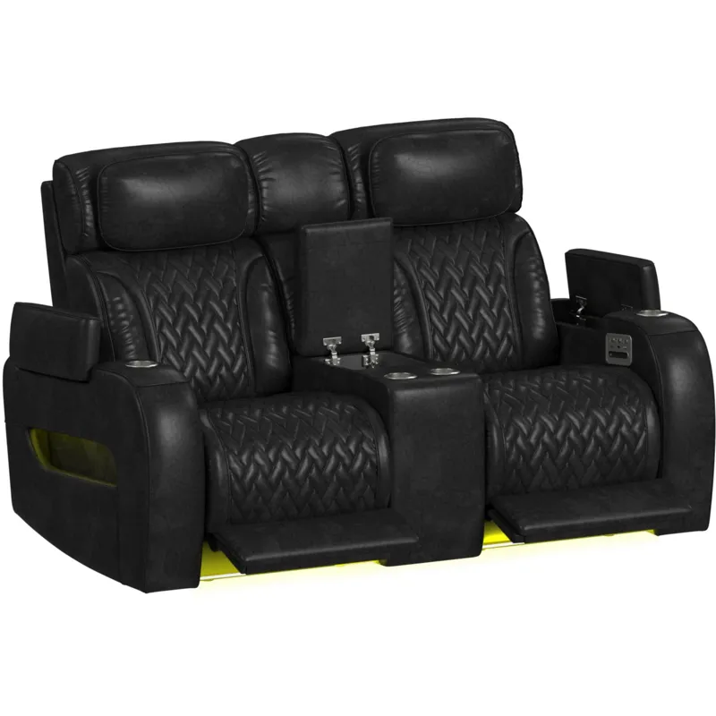 Prime Time P3 Loveseat with Console, 7 Colors LED, Cup Holders and Wireless Charger Controller in Leather Gel Black