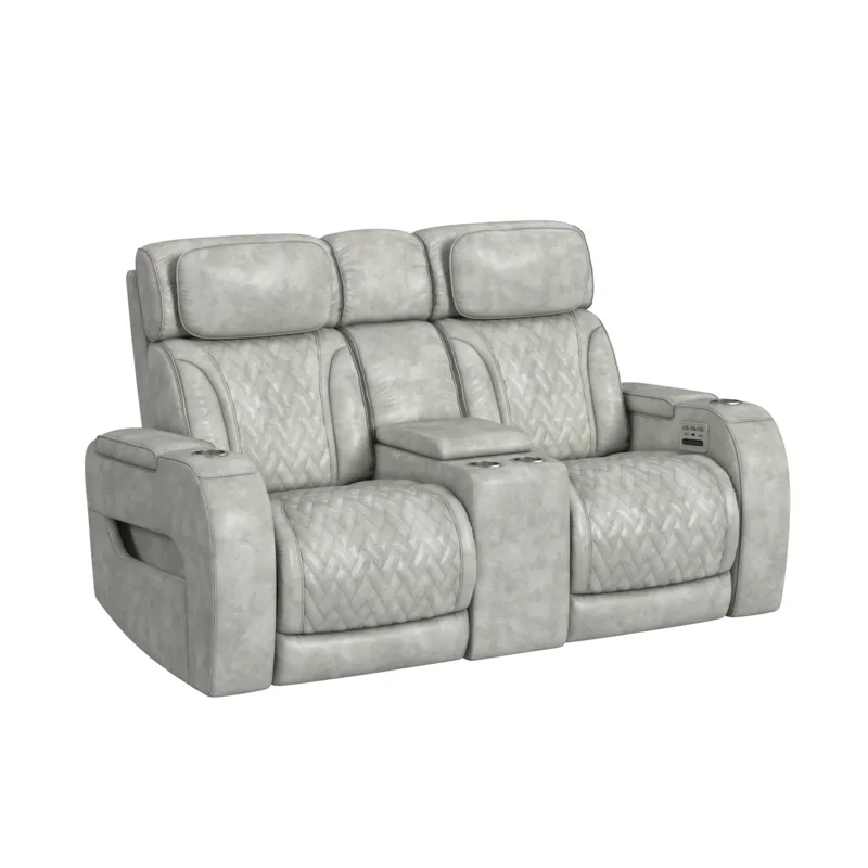 Prime Time P3 Loveseat with LED, wireless charger pocket, and Console in Leather Gel Lite Grey