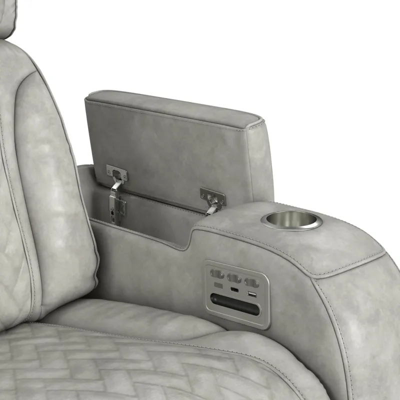 Prime Time P3 Loveseat with Console, 7 Colors LED, Cup Holders and Wireless Charger Controller in Leather Gel Light Grey